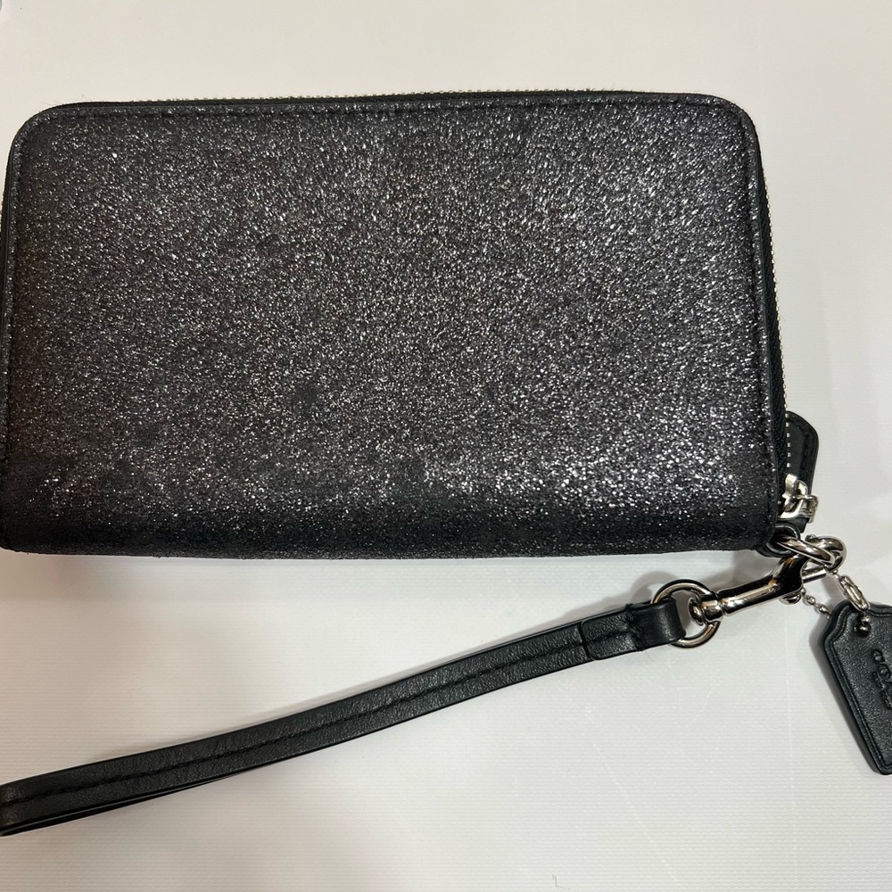 Coach Black Glitter Wristlet Double Zip Wallet - Picture 2 of 5